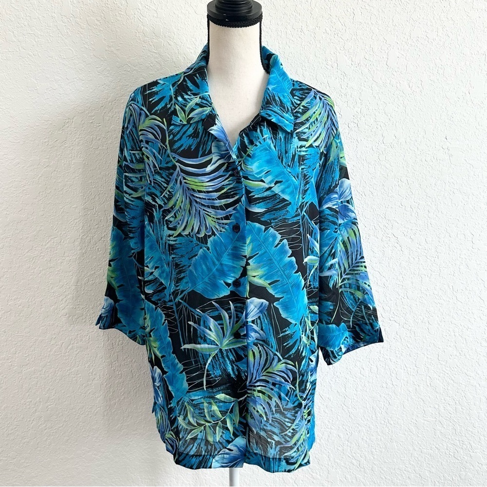 VINTAGE Tanjay Blue Tropical Button Down Top Collar Floral Size 16 Lightweight